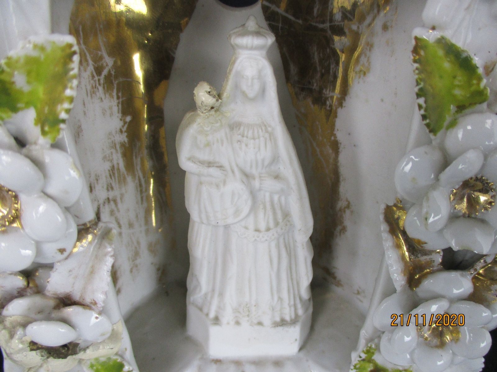 French Standing Holy Water Font Vessel Bisque Porcelain Virgin & Infant Madonna photo furniture