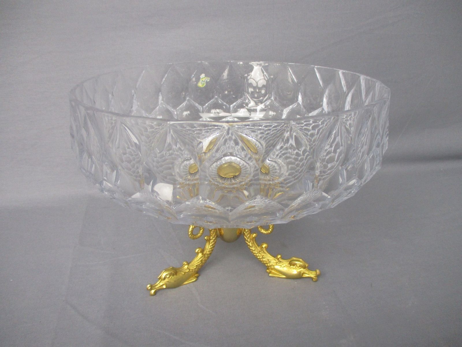 Art Glass Bowl Dish Centerpiece Basket Marked Brass Fish Legs Lovely Hollywood R