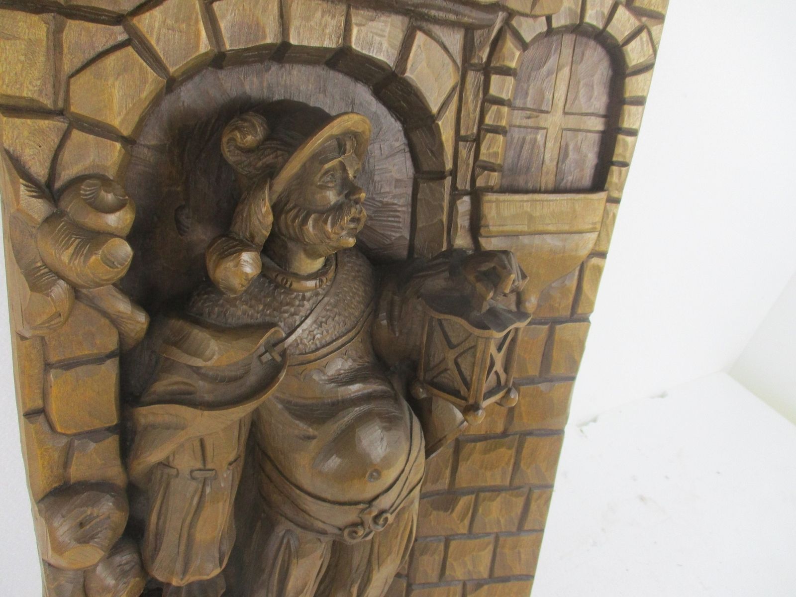 L Hand Carved Wooden High Relief Wall Plaque Hanging Lantern Bearer Sculpture photo for sale