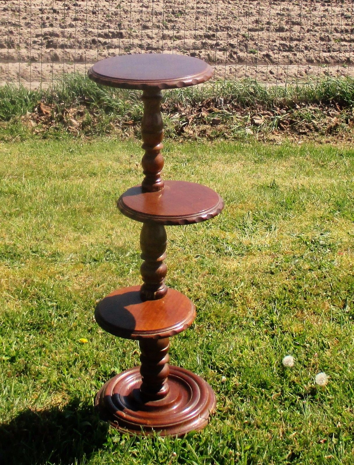 3 Tier Pedestal Table Plant Stand Carved Twisted Wood Beautiful 35.03"
