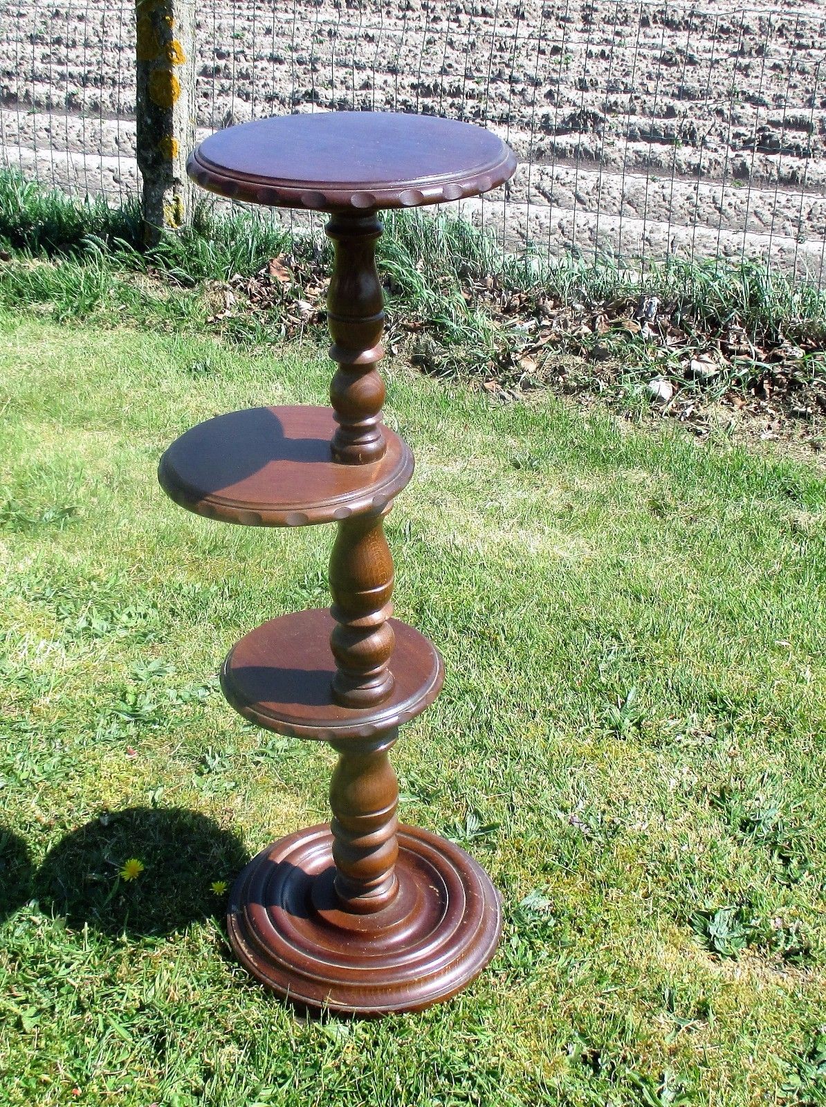 3 Tier Pedestal Table Plant Stand Carved Twisted Wood Beautiful 35.03" photo for sale