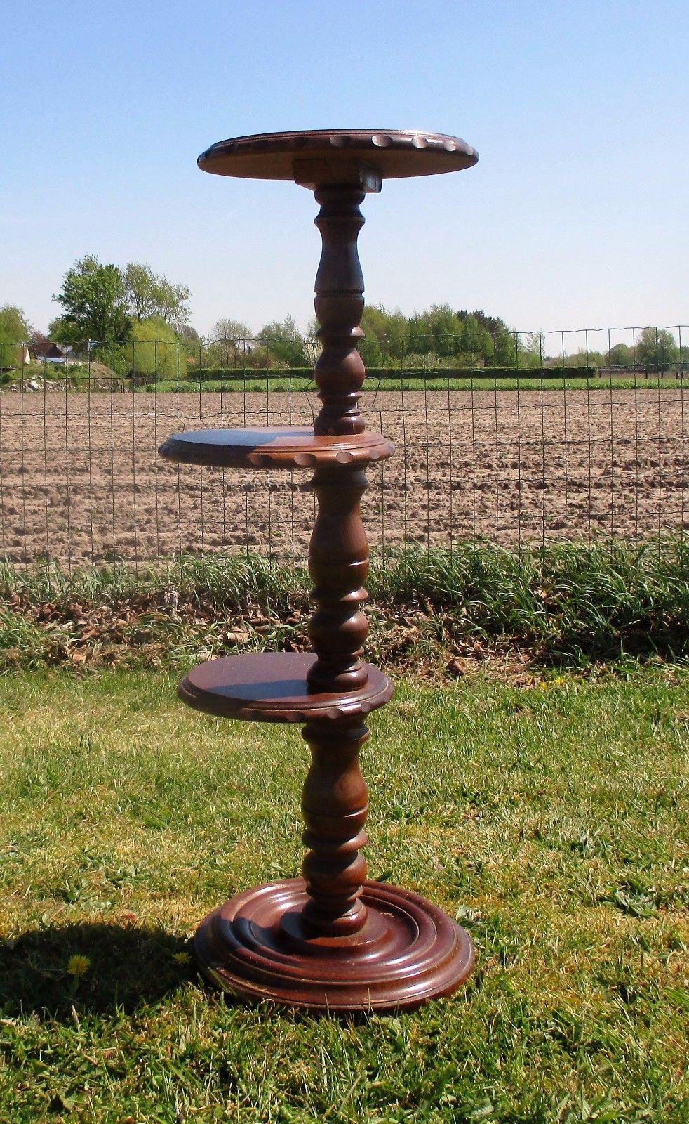 3 Tier Pedestal Table Plant Stand Carved Twisted Wood Beautiful 35.03" photo Garden Furniture