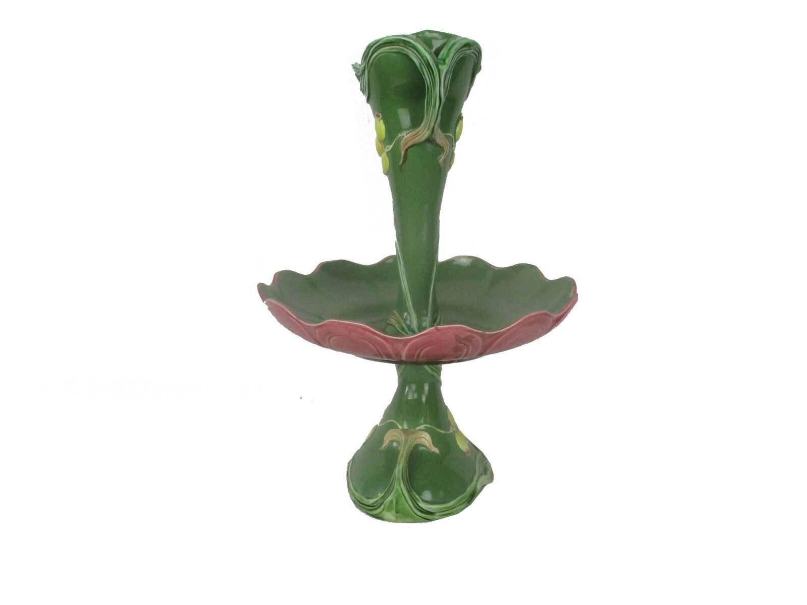 Majolica Large Epergne Trumpet Double Vase  Center Table Piece Mistletoe Rare photo Home Decor