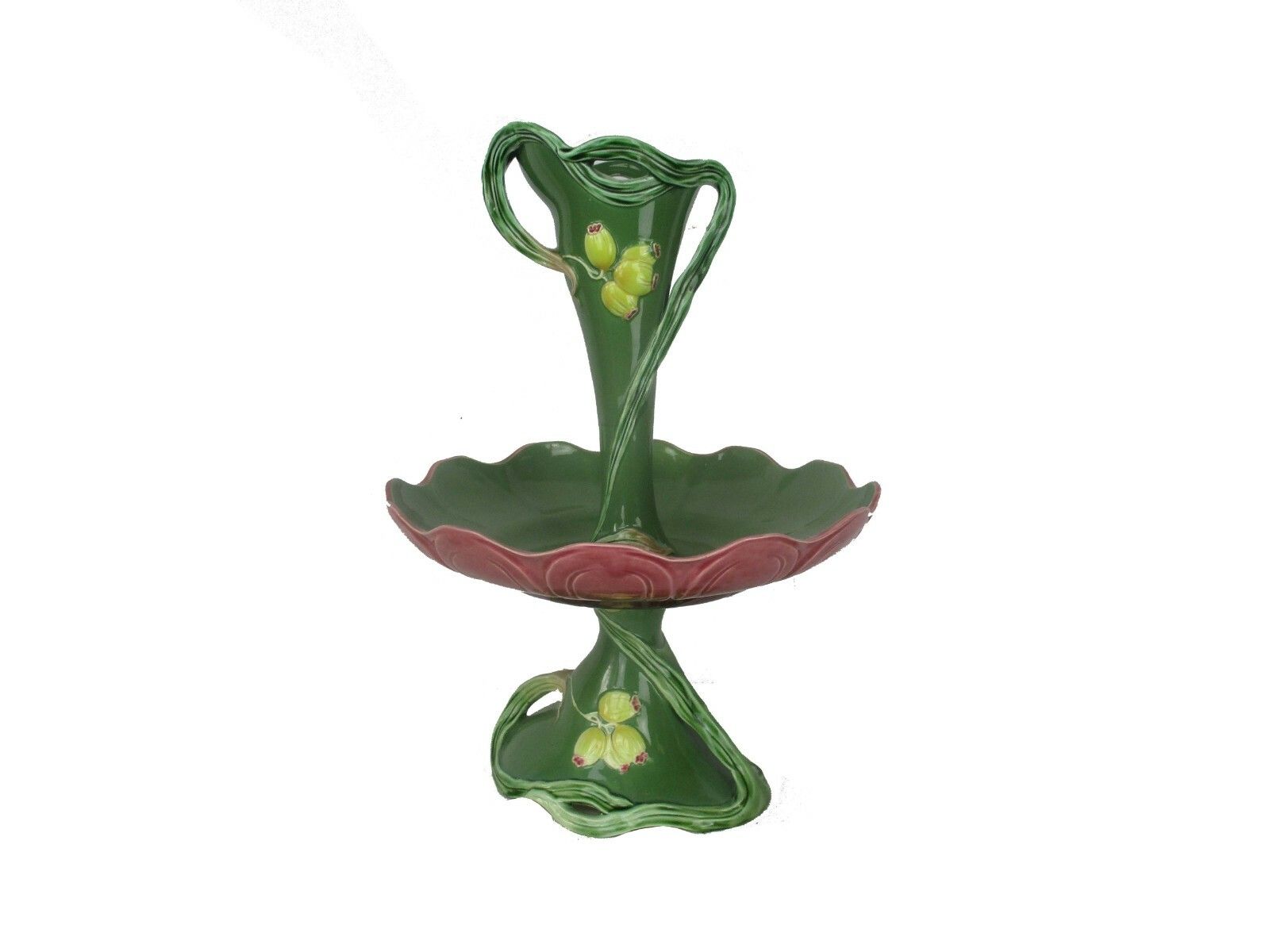 Majolica Large Epergne Trumpet Double Vase  Center Table Piece Mistletoe Rare photo 1076.0
