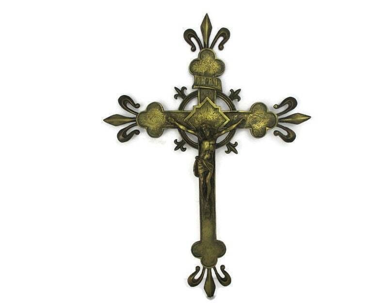 Ornate Hanging Wall Crucifix Heavy Brass Jesus Christ French Fleur De Lis Gorgeo