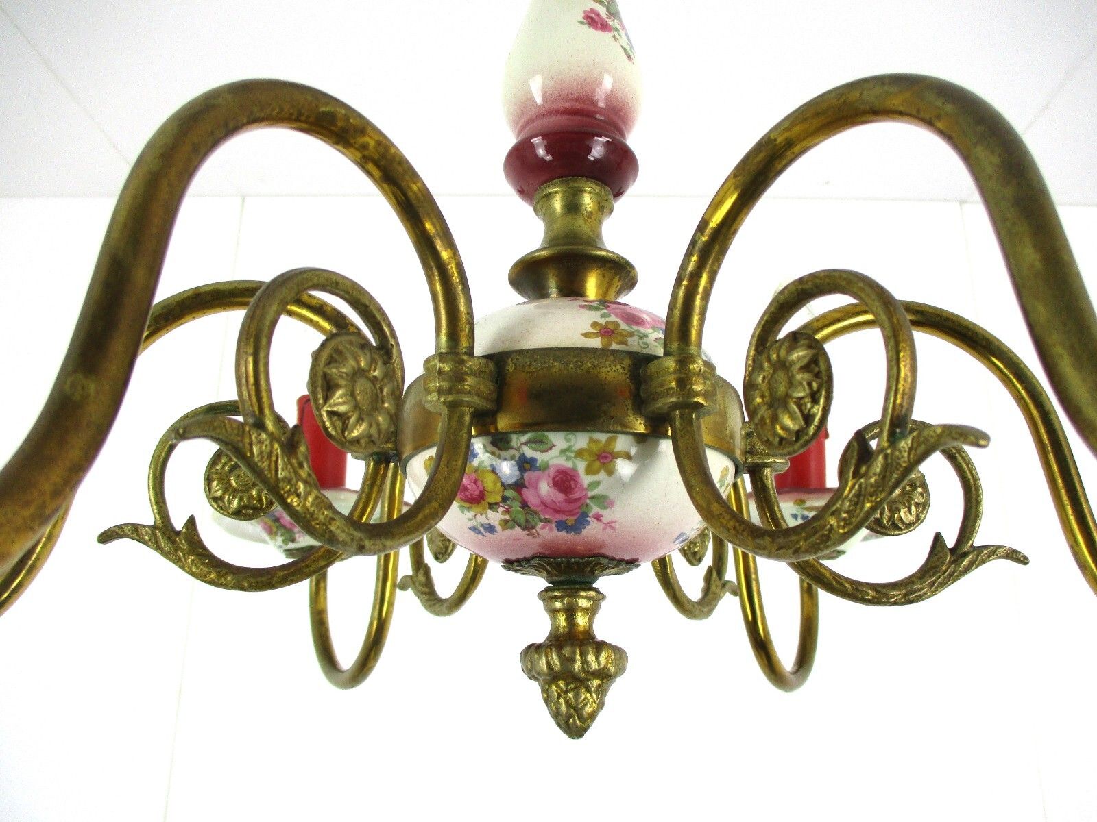 Chandelier 6 Arms Lights Ceramic Porcelain Ceramic Brass Italian Pink  Flowers photo vinterior