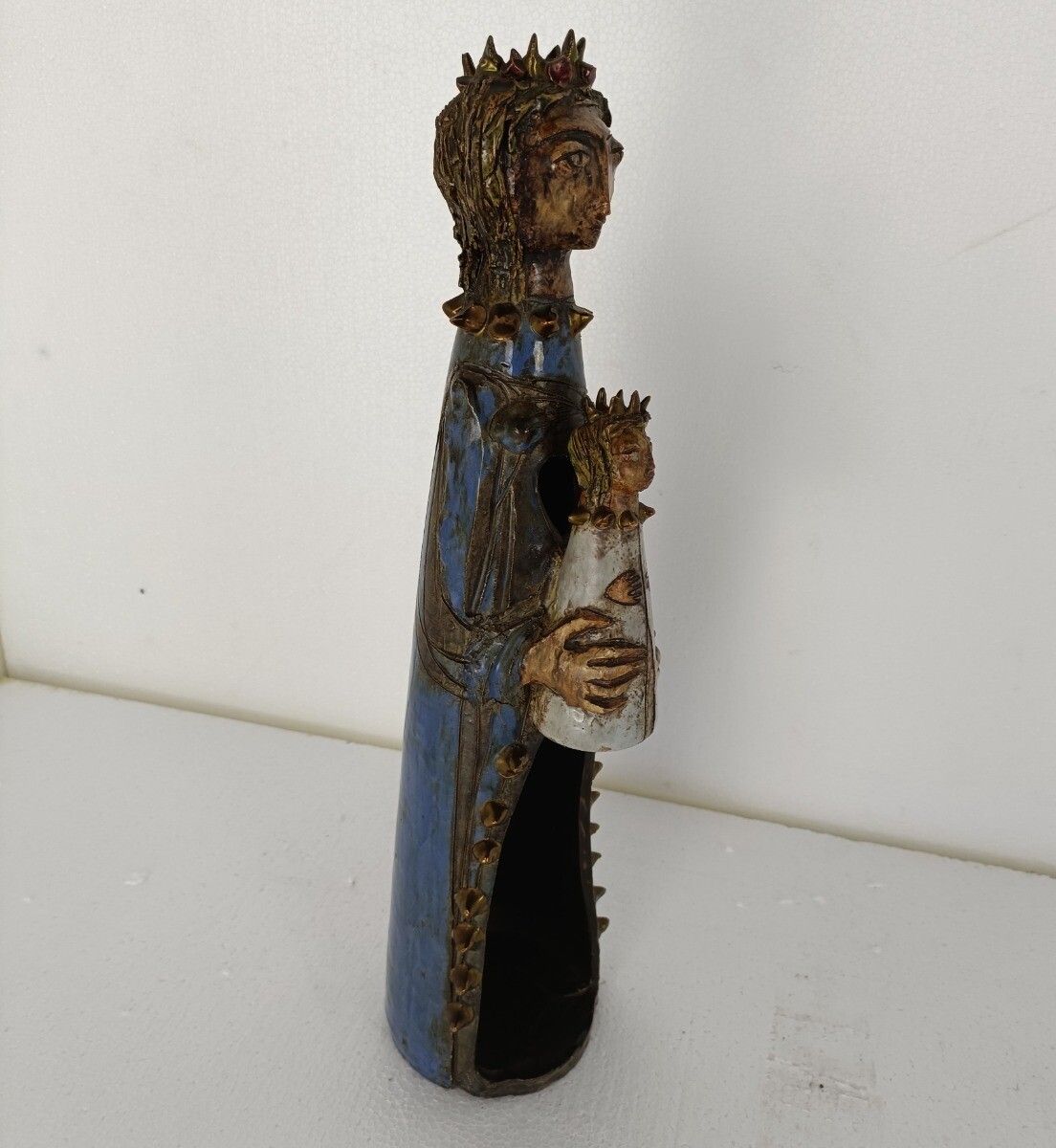 Vintage Statue Sculpture Terra Cotta Pottery Glazed Polychrome Virgin Mary Madon photo buy