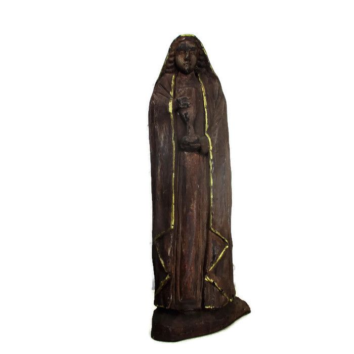 Large Hand Carved Wooden Statue  Nun Saint Holding Chalice Gold Touches Folk Art