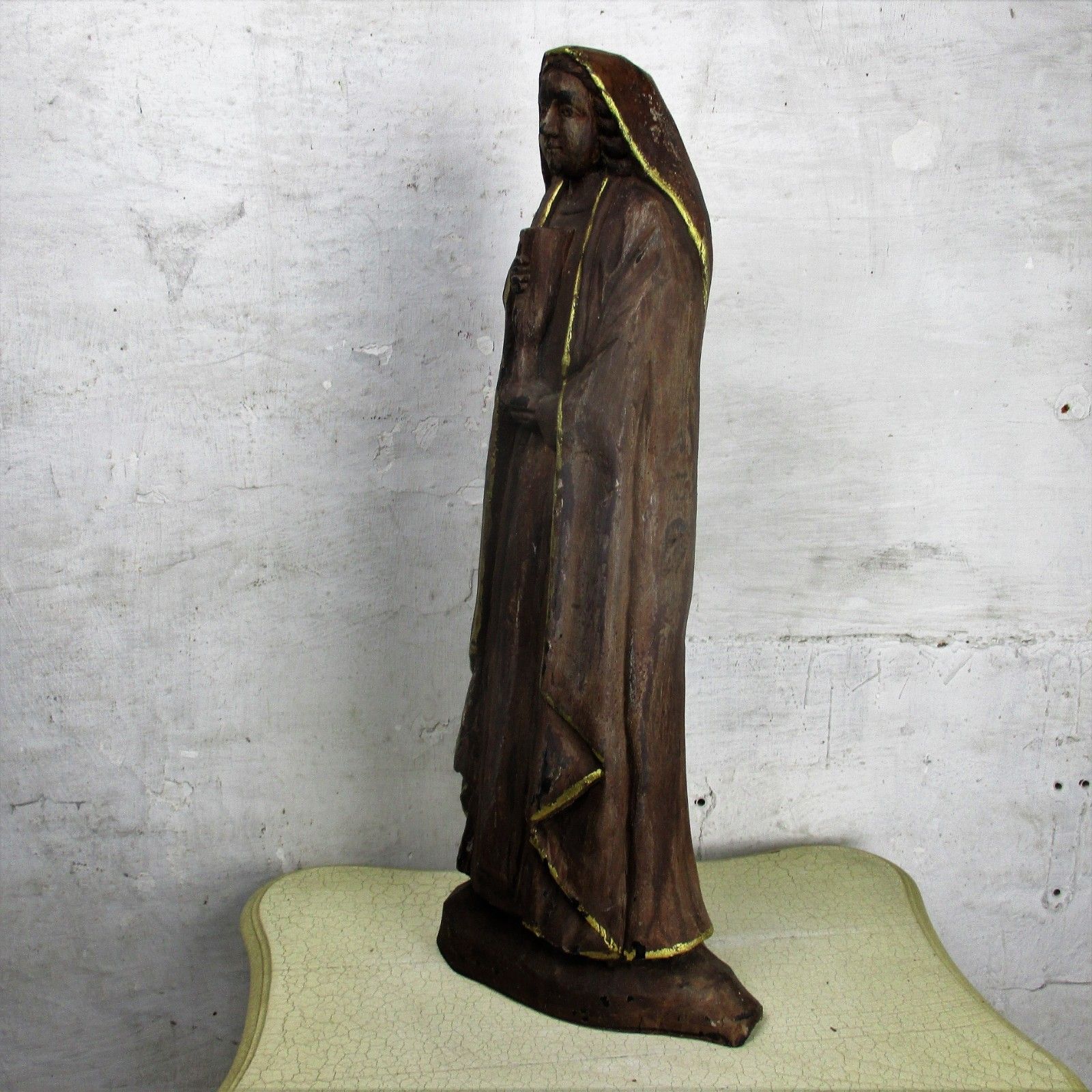 Large Hand Carved Wooden Statue  Nun Saint Holding Chalice Gold Touches Folk Art photo Art
