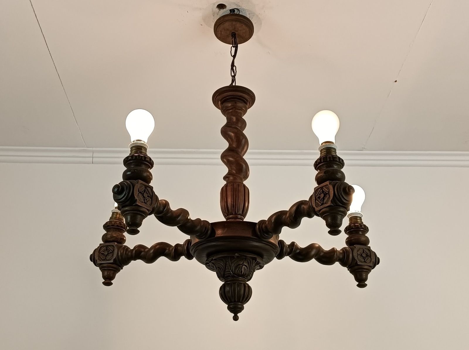 Barley Twist Wood Chandelier Hand Carved Wood Ornate 5 Lights Barn Country Farmh photo vintage