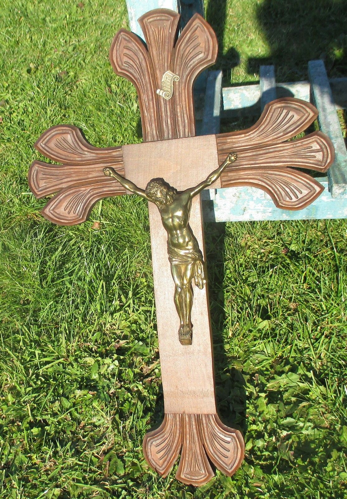 French Large Hand Carved Wood Hanging Crucifix  Jesus Christ Fleur De Lis 24 " photo furniture