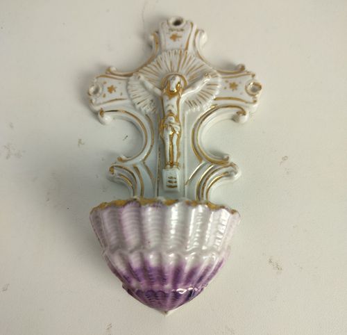 Sweet Antique Holy Water Font Bisque Porcelain Crucifixion Wall Hanging Christia photo furniture