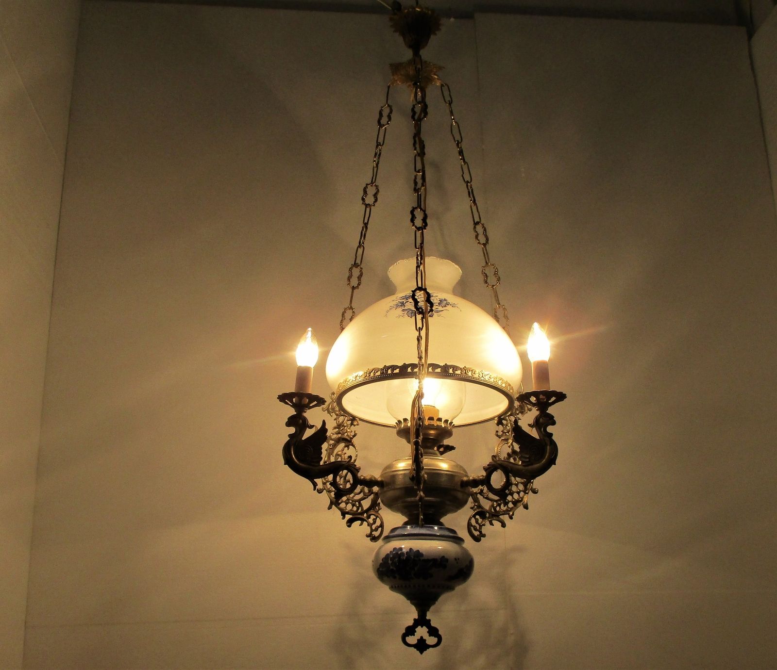 Gothic Dragons Delft Blue White Porcelain Chandelier Lampe Belge Wow 4 photo Lighting