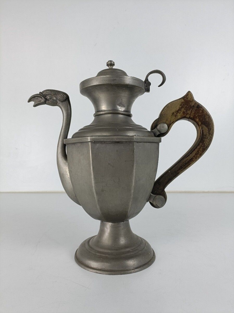 Antique Art Nouveau Spelter Gothic Ewer Pitcher Dragon Wooden Handle photo for sale