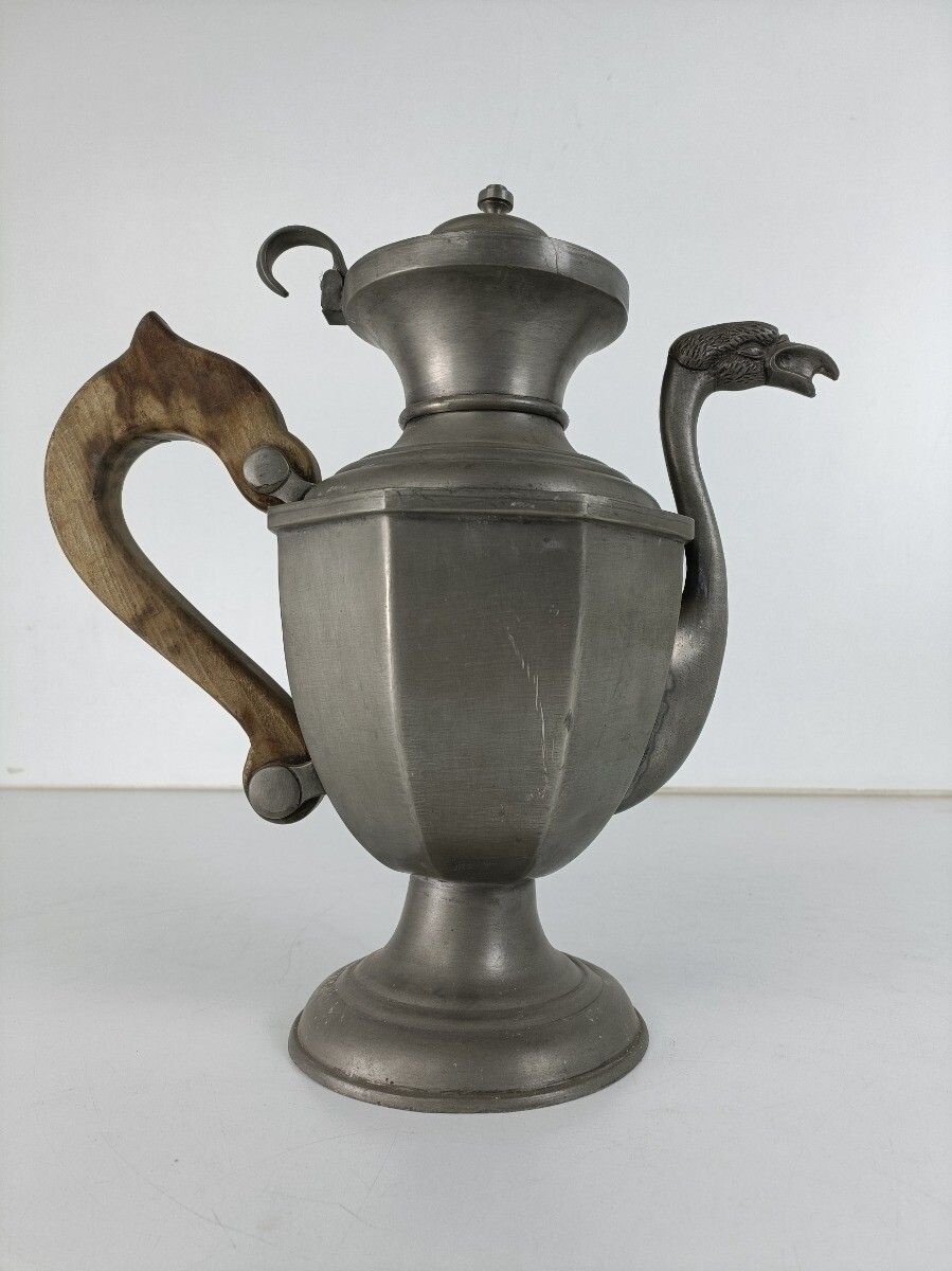 Antique Art Nouveau Spelter Gothic Ewer Pitcher Dragon Wooden Handle photo vinterior