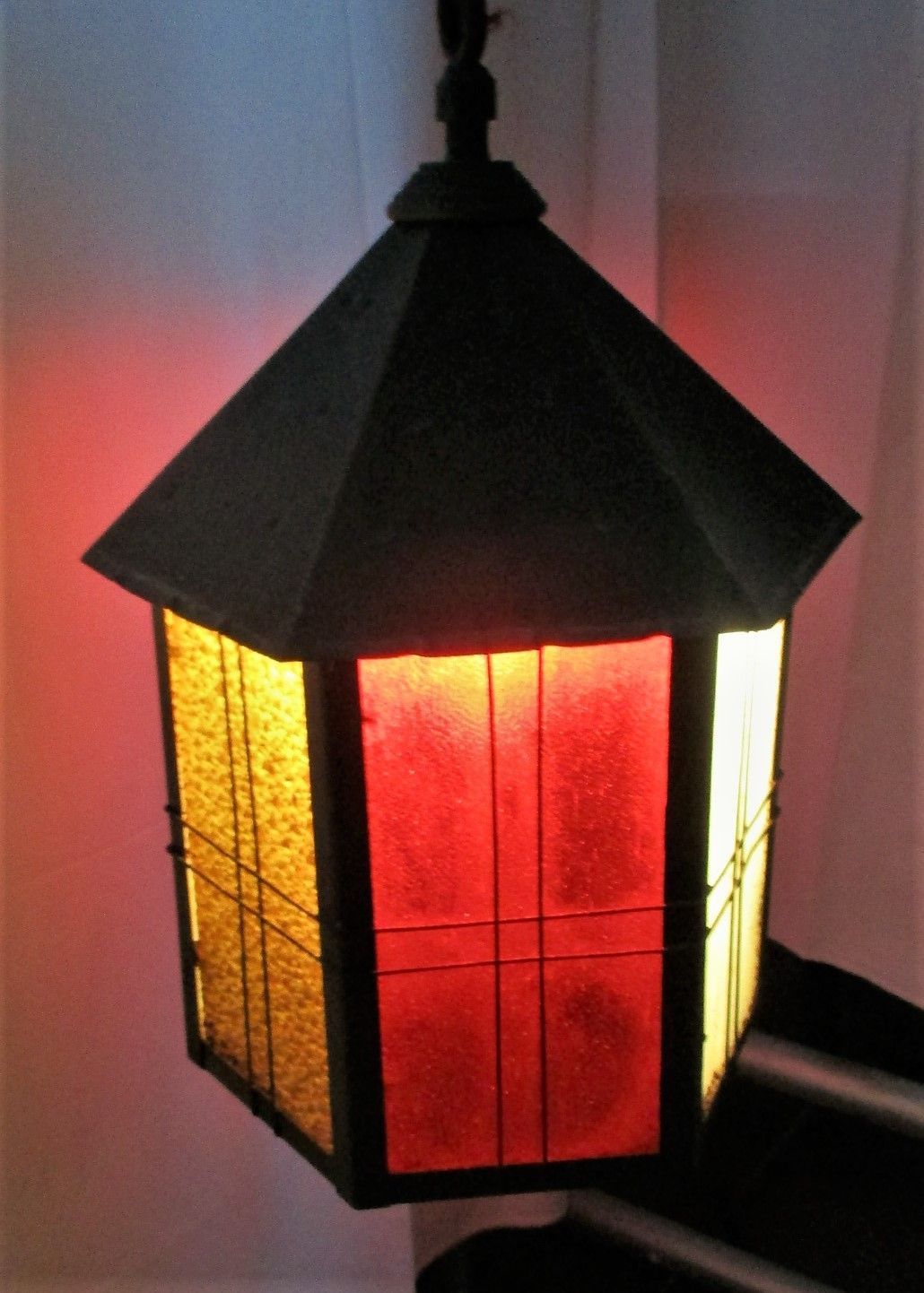 Art Deco French Lantern Pendant Chandelier Iron Bubbled Colored Glass Htf