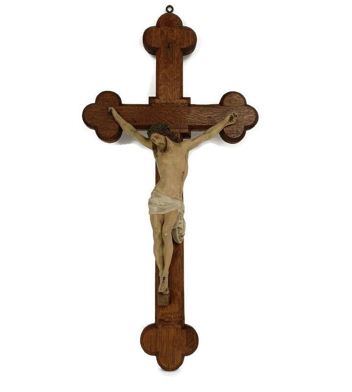 Xl Wood Hanging Church Crucifix Plaster Dramatic  Corpus Piece Of Art French