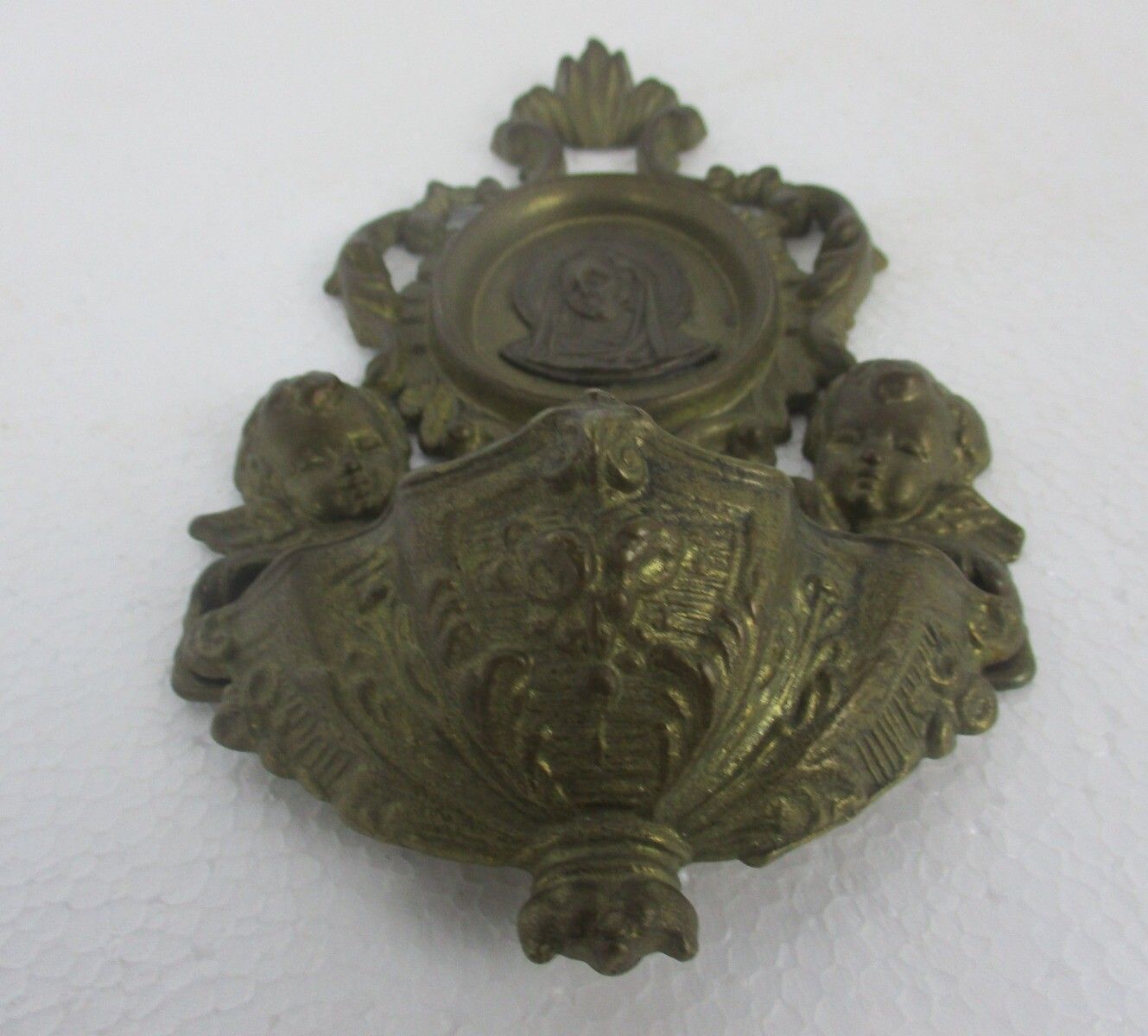 Brass Embossed Holy Water Font Holy Mother Virgin Mary Madonna  Angels Wall Hang photo furniture