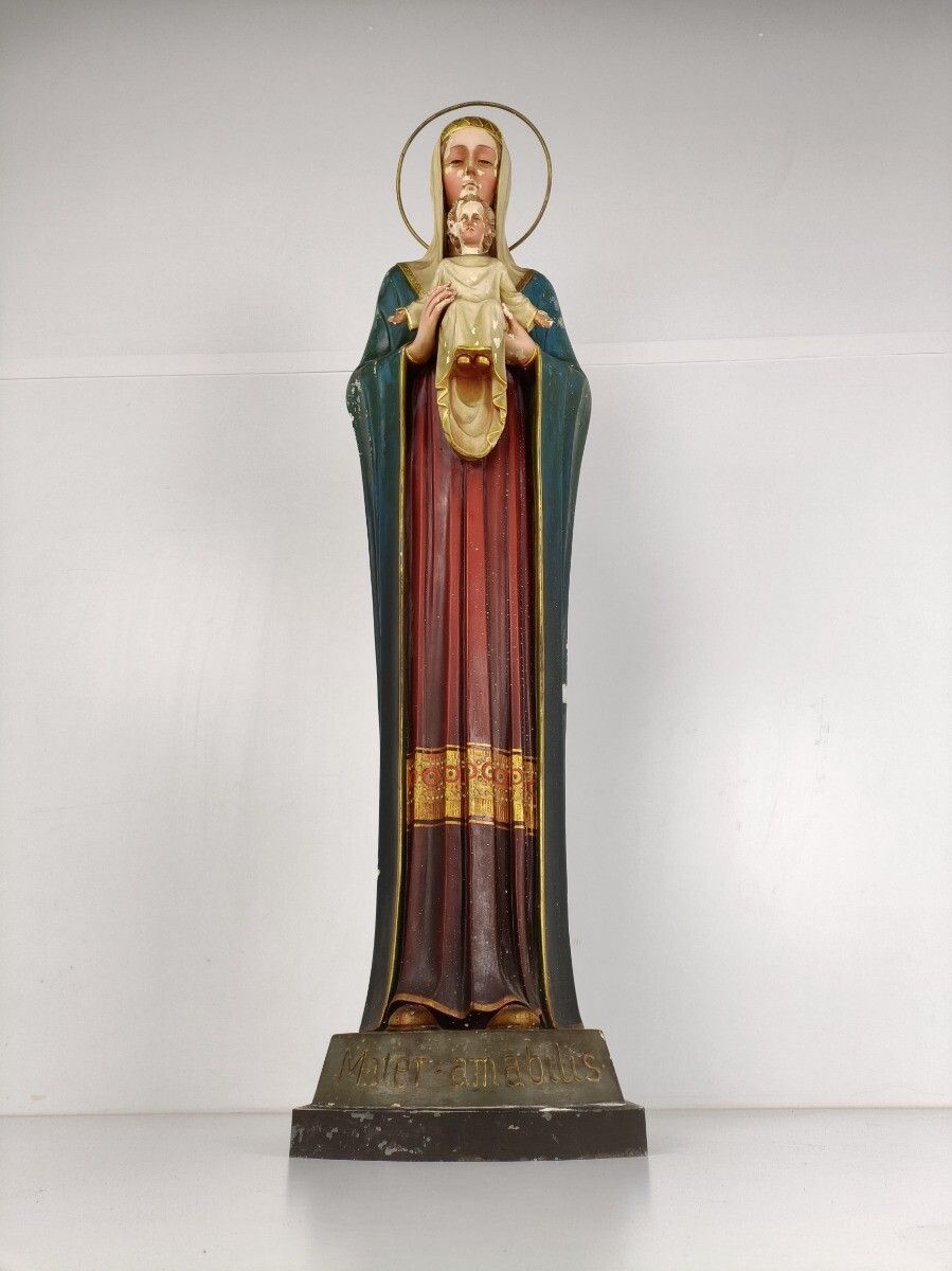 Large Statue Madonna With Infant Church Plaster Mater Amabilis Antique Neo Gothi photo for sale