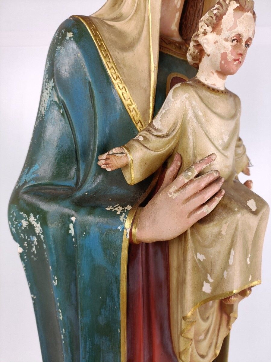 photo for sale Large Statue Madonna With Infant Church Plaster Mater Amabilis Antique Neo Gothi