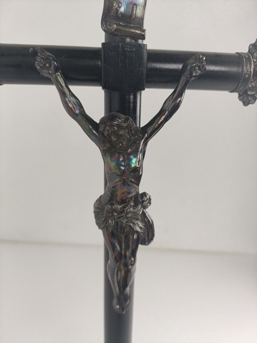 Standing Crucifix Cross Jesus Christ Lamb Of God Wood Silver Plated Antique Gorg photo Art