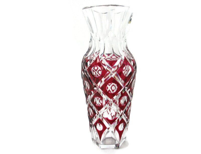 Val St Lambert Crystal Vase Cut To Clear Cranberry Charles Graffart 1950s Extrem