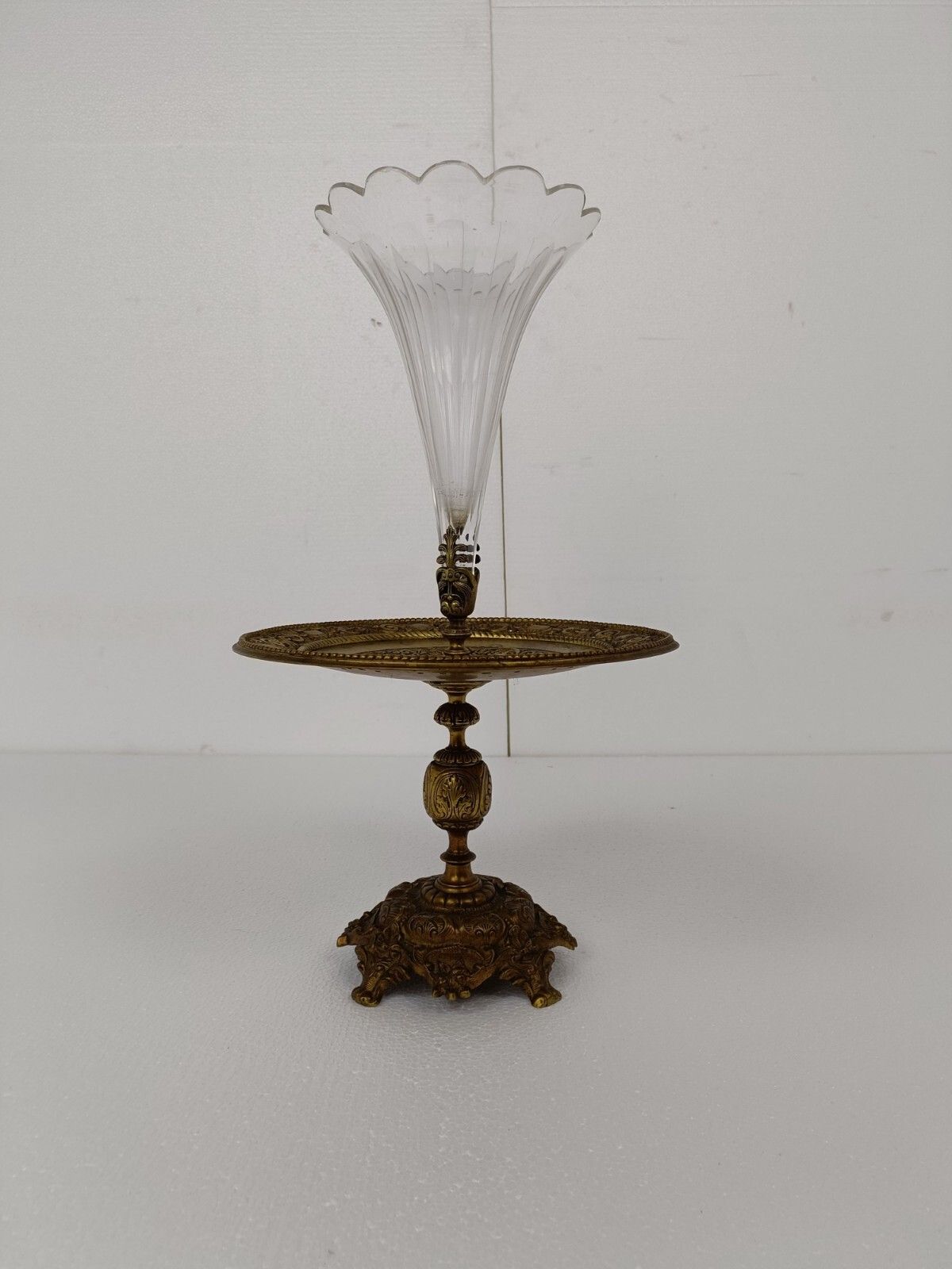 Large Epergne Trumpet Double Vase  Center Table Piece Crystal Ornat Bronze Wow photo for sale