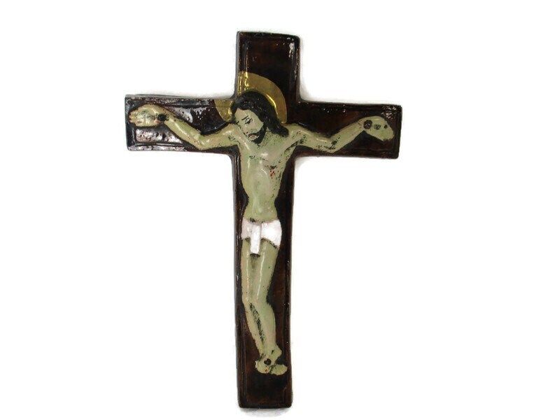 Mid Century Design Ceramic Modern Crucifix Ceramic Fat Lava Gold Gilded Marked P