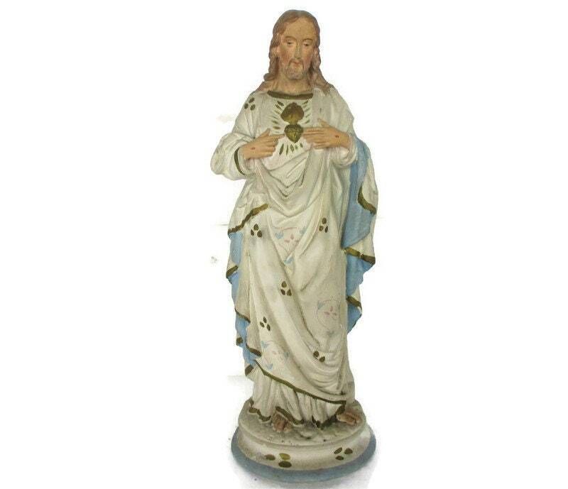 Antique Statue Jesus Christ Savior Sacred Heart Neo Gothic 1900s Plaster 15.94&Q