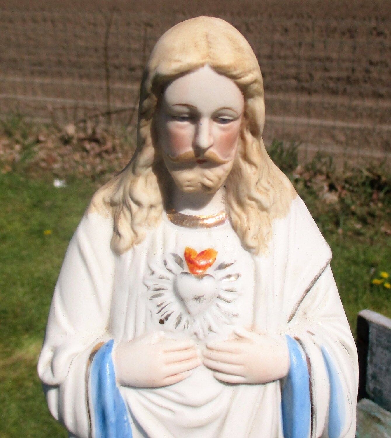 Lovely Antique Holy Heart Jesus Christ Porcelain French Polychrome Statuette photo Art