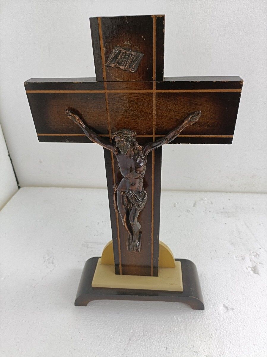 Art Deco Standing Crucifix Two Toned Wood Cross Jesus Christ Antique Beautiful photo furniture
