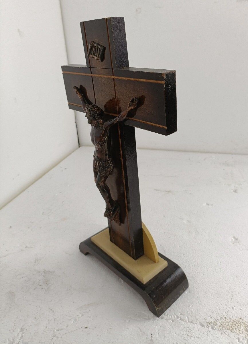 Art Deco Standing Crucifix Two Toned Wood Cross Jesus Christ Antique Beautiful photo vintage