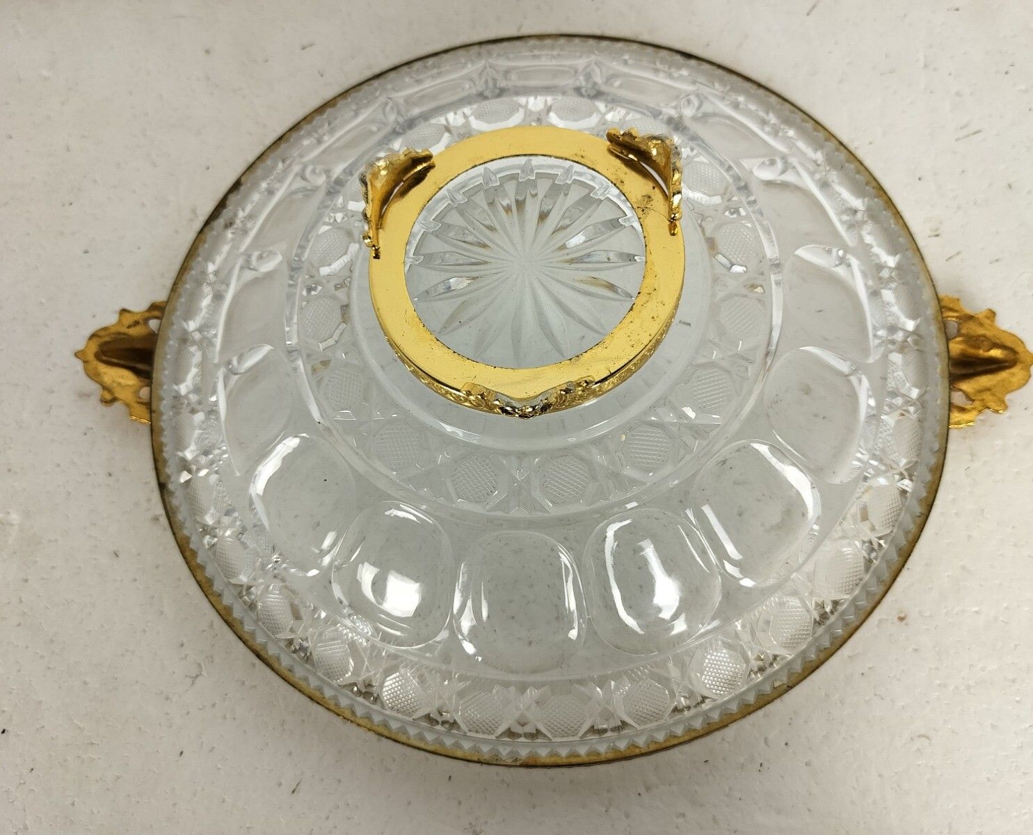 Vintage Stylish Dish Centerpiece Crystal Brass Handles Ramsheads photo vinterior