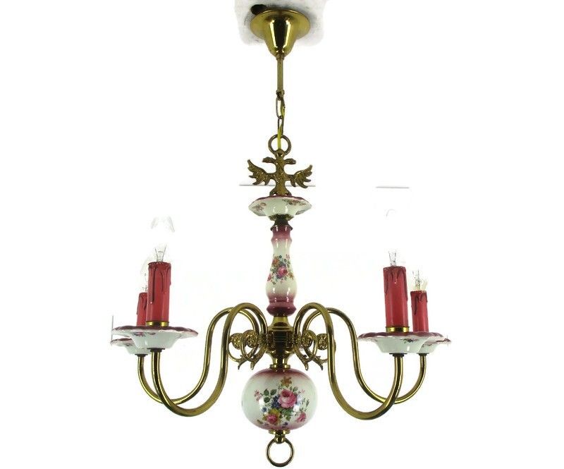 Chandelier 5 Arm Lights Italian  Porcelain Flowers Ornate Brass Mid Century