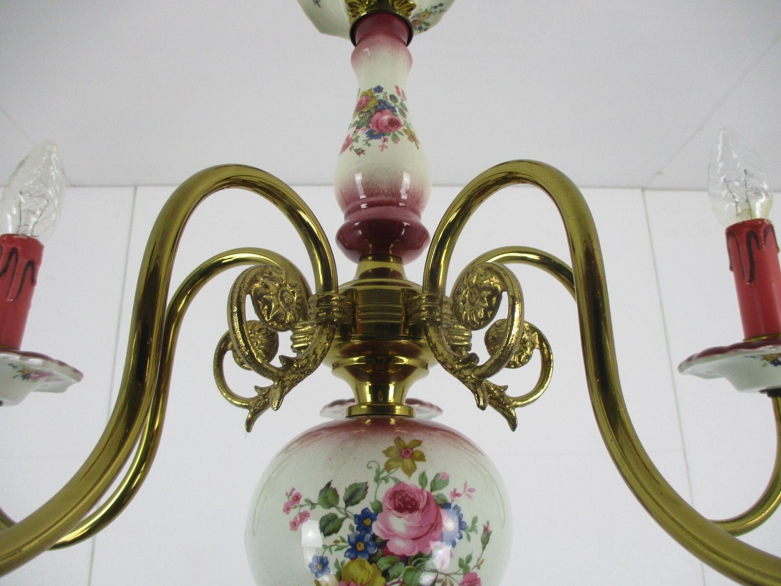 Chandelier 5 Arm Lights Italian  Porcelain Flowers Ornate Brass Mid Century photo 408.0