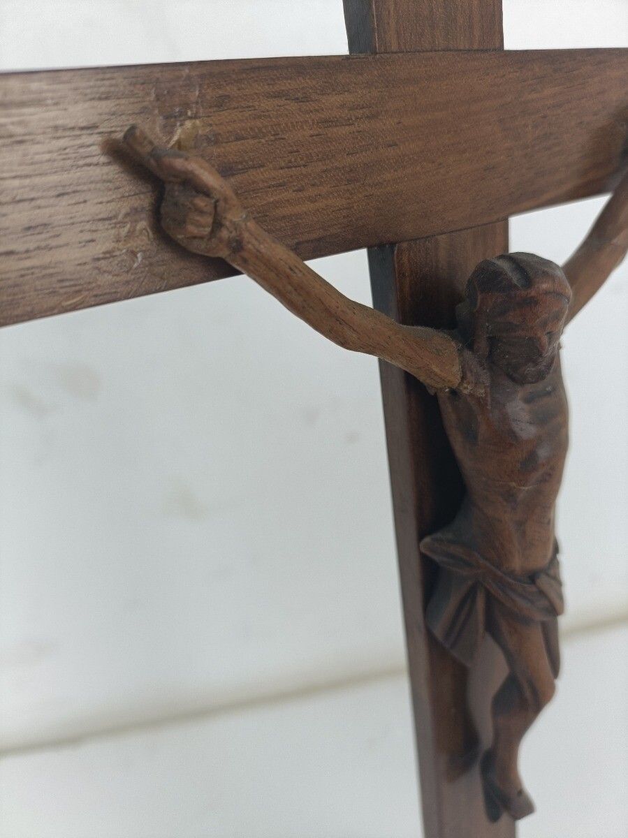Standing Crucifix Cross Hand Carved Wood  Art Piece Corpus French Magnificent photo vinterior