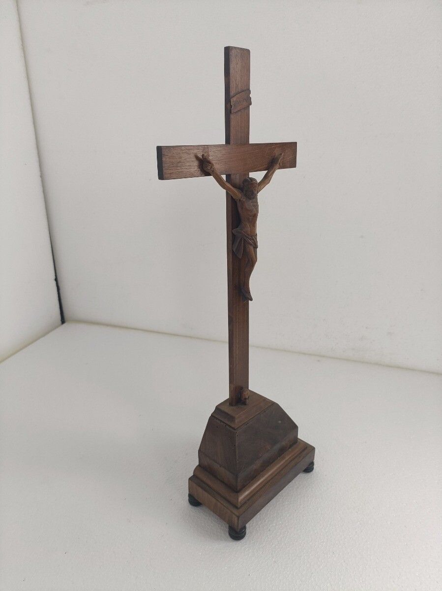 photo for sale Standing Crucifix Cross Hand Carved Wood  Art Piece Corpus French Magnificent