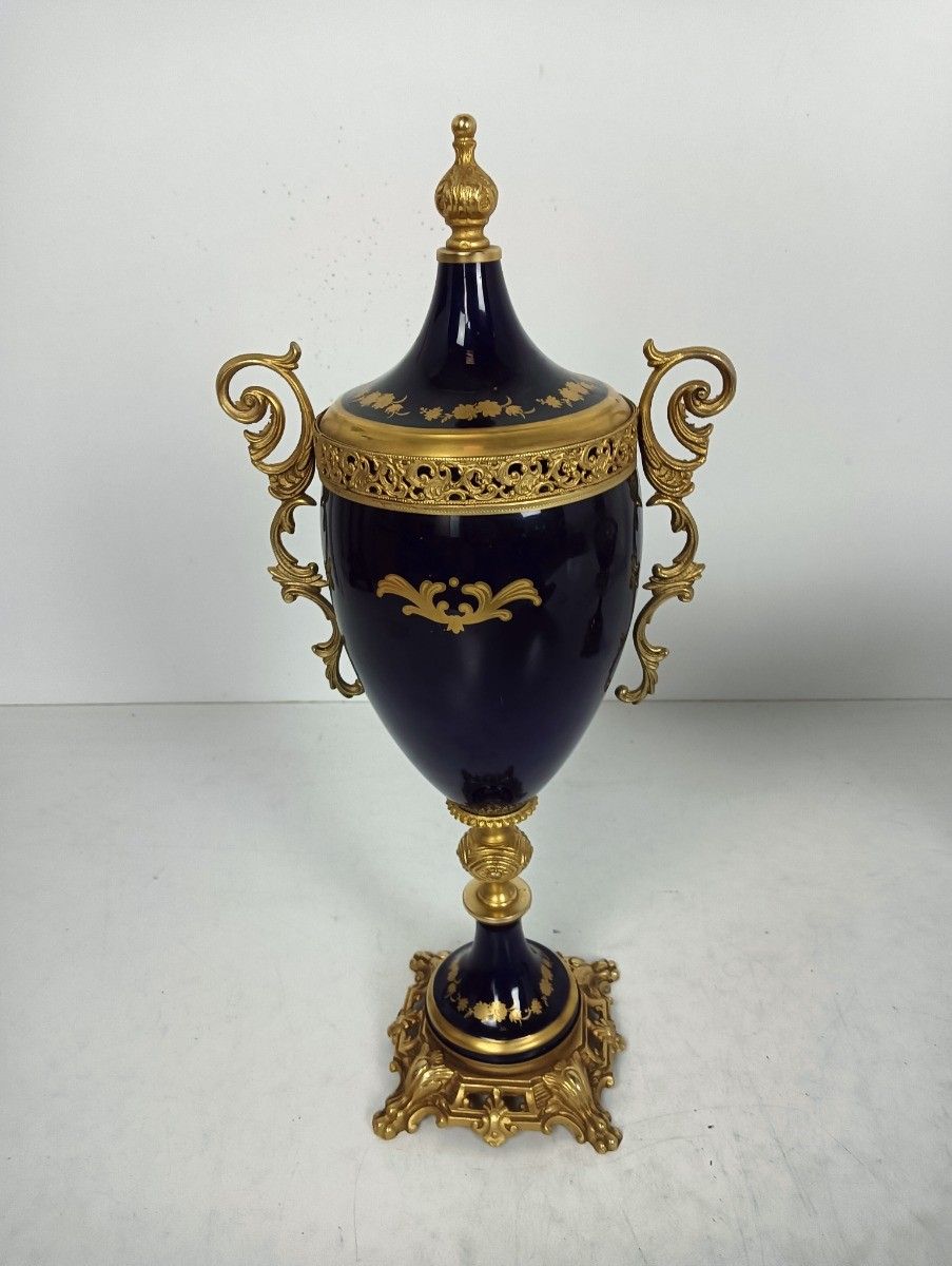 Set Of 3 Garniture Porcelain Brass Mantlepiece Vases Urns Marked Sèvres France photo furniture