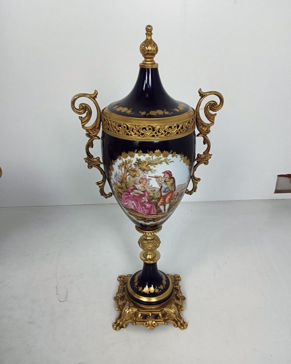 Set Of 3 Garniture Porcelain Brass Mantlepiece Vases Urns Marked Sèvres France photo for sale