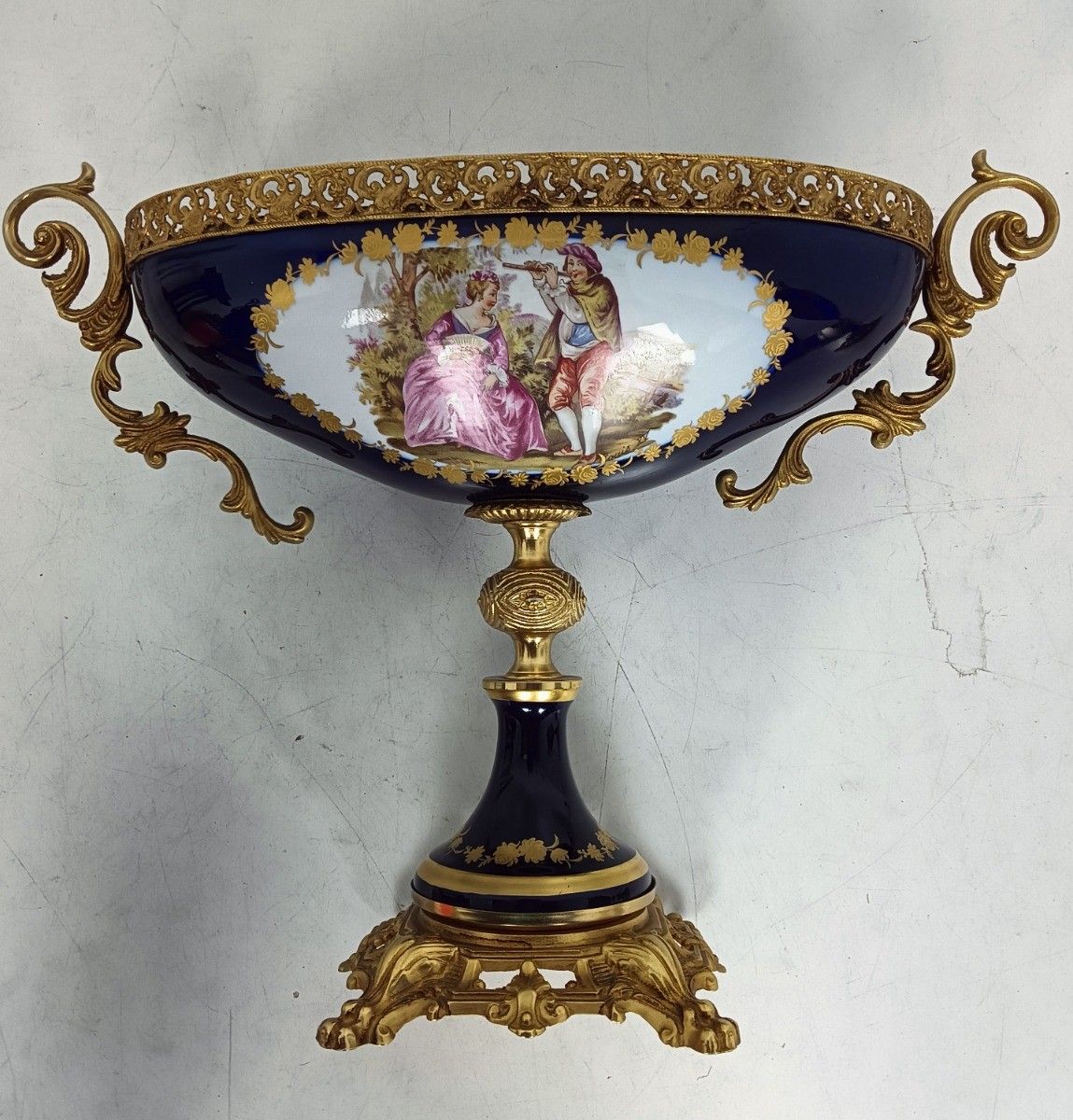 Set Of 3 Garniture Porcelain Brass Mantlepiece Vases Urns Marked Sèvres France photo vinterior