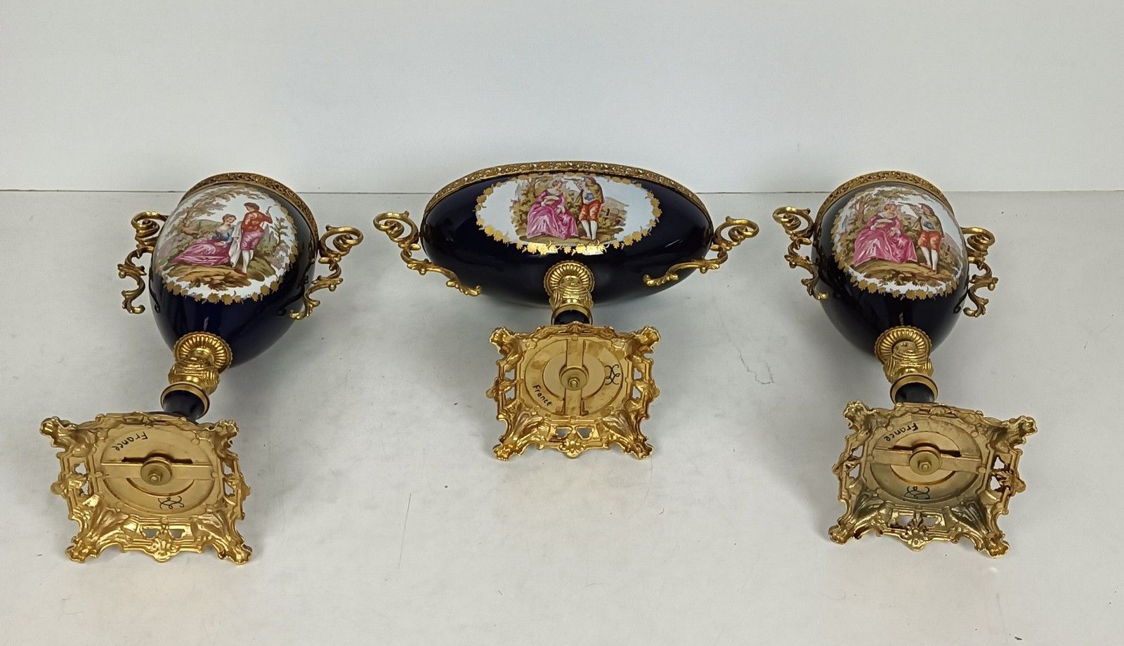Home Decor Set Of 3 Garniture Porcelain Brass Mantlepiece Vases Urns Marked Sèvres France photo