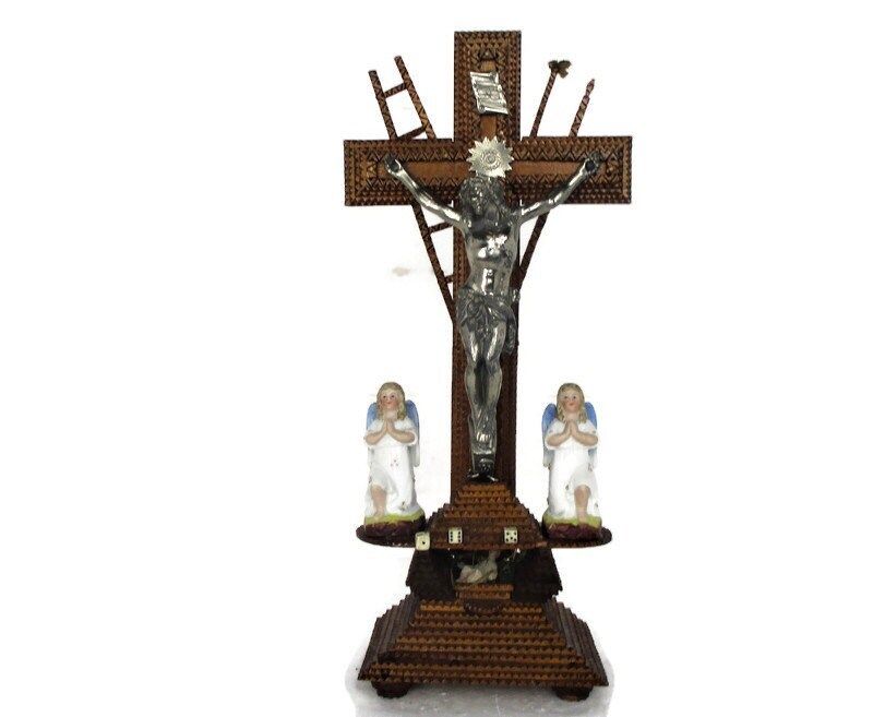 Standing Crucifix Corpus Christi Hand Carved Wood Bisque Angels Folk Art Angels