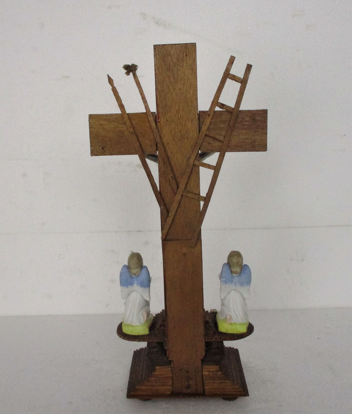 Standing Crucifix Corpus Christi Hand Carved Wood Bisque Angels Folk Art Angels photo vintage