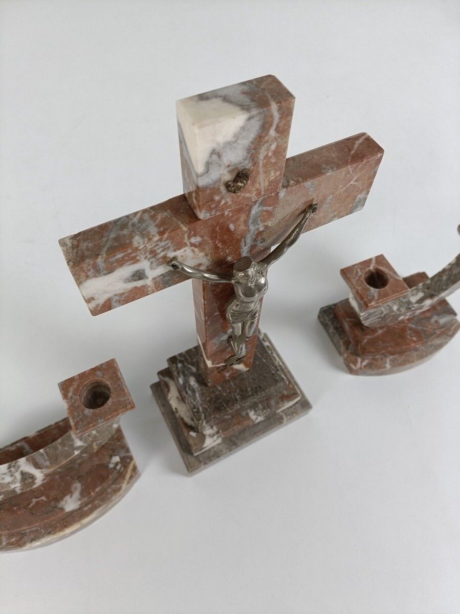photo furniture Art Deco Altar Set Standing Crucifx Two Candle Holders Marble Onyx Antique Gorge