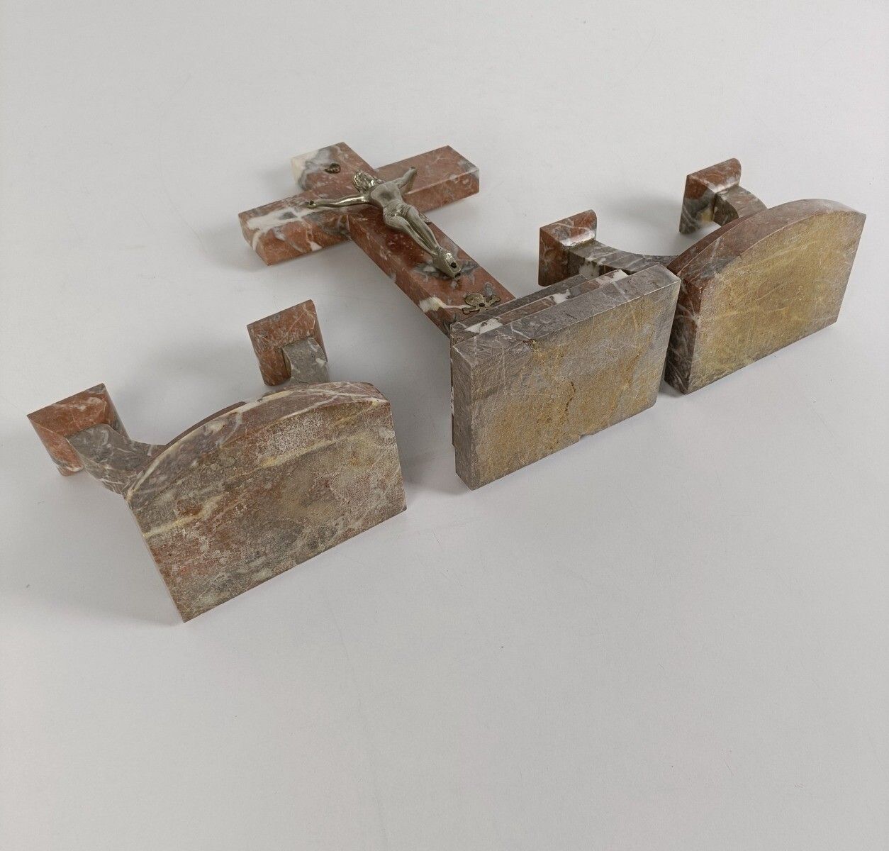 photo for sale Art Deco Altar Set Standing Crucifx Two Candle Holders Marble Onyx Antique Gorge