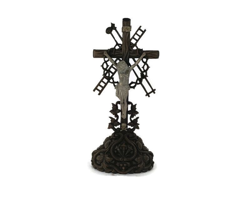 Xl  Standing Hand Carved Wooden Crucifix Tools Of Passion Cross Antique Gorgeous