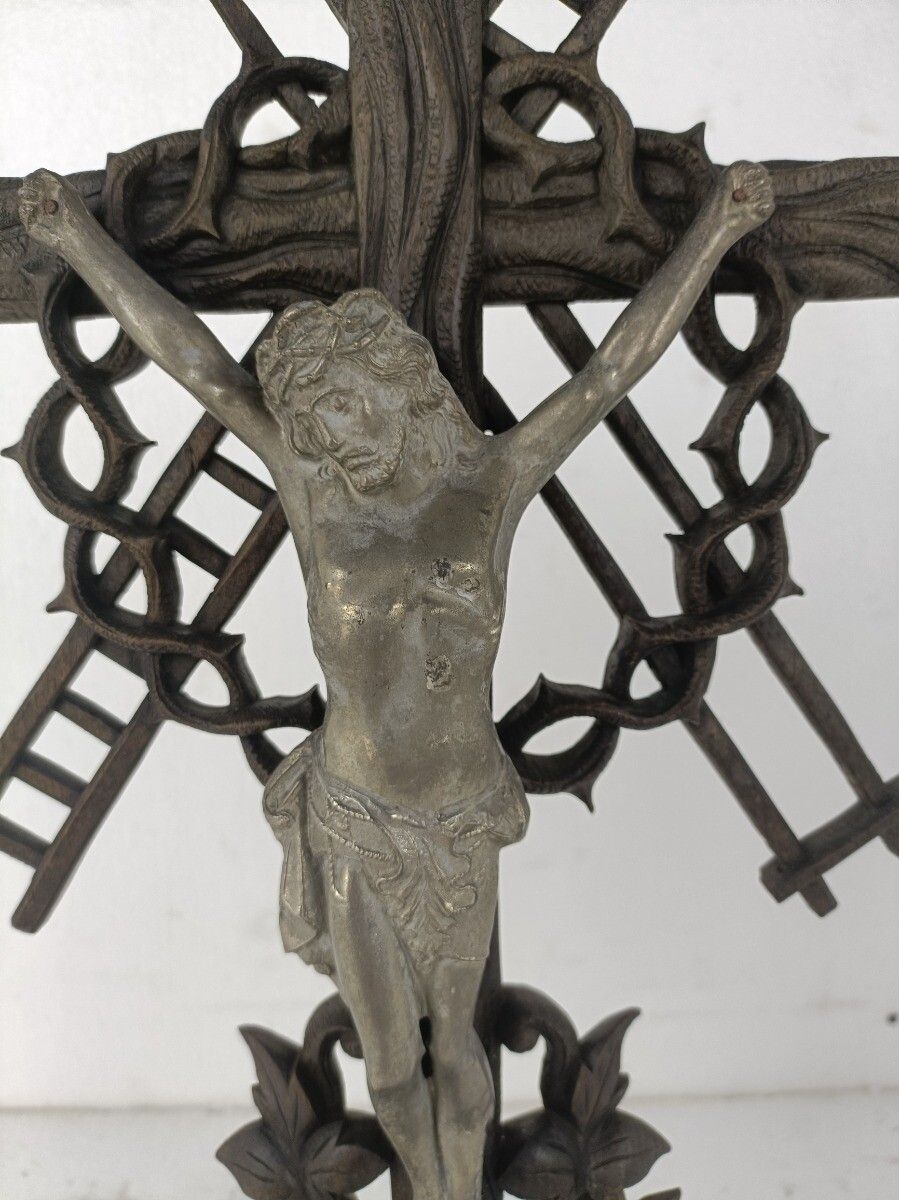 Xl  Standing Hand Carved Wooden Crucifix Tools Of Passion Cross Antique Gorgeous photo Art