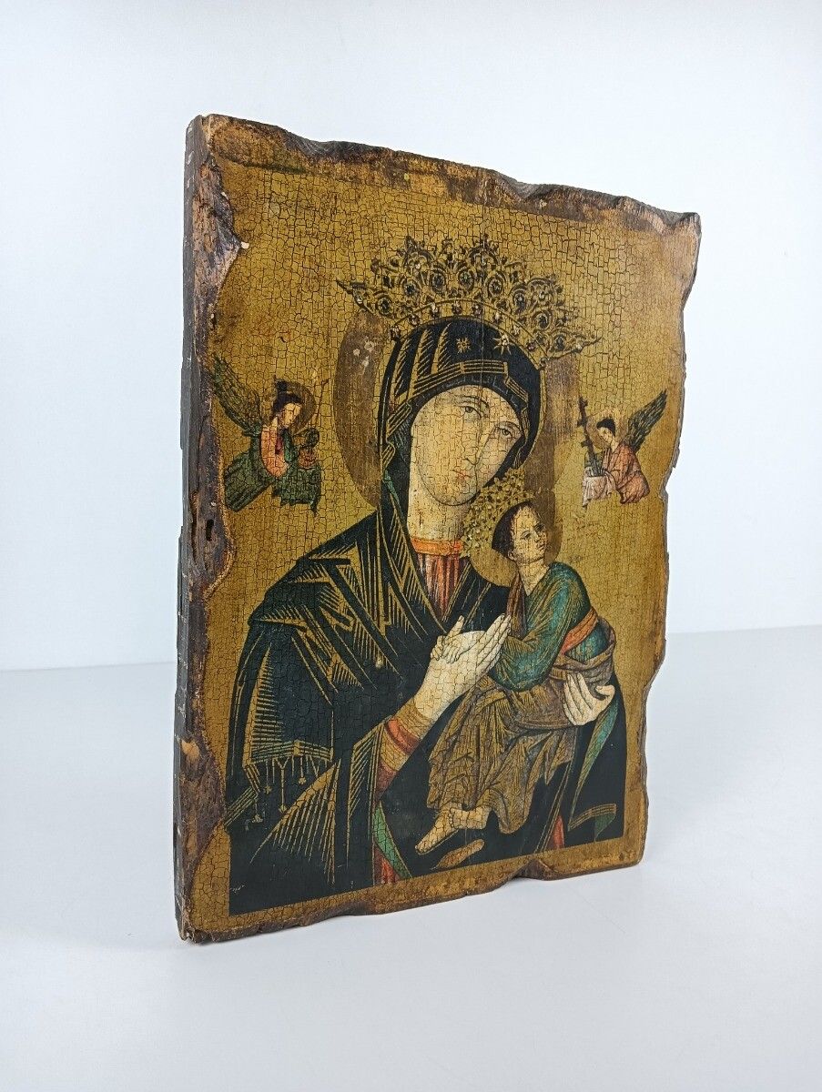 Vintage Wooden Icon  Perpetual Help Print On Wood Infant Child Madonna photo for sale