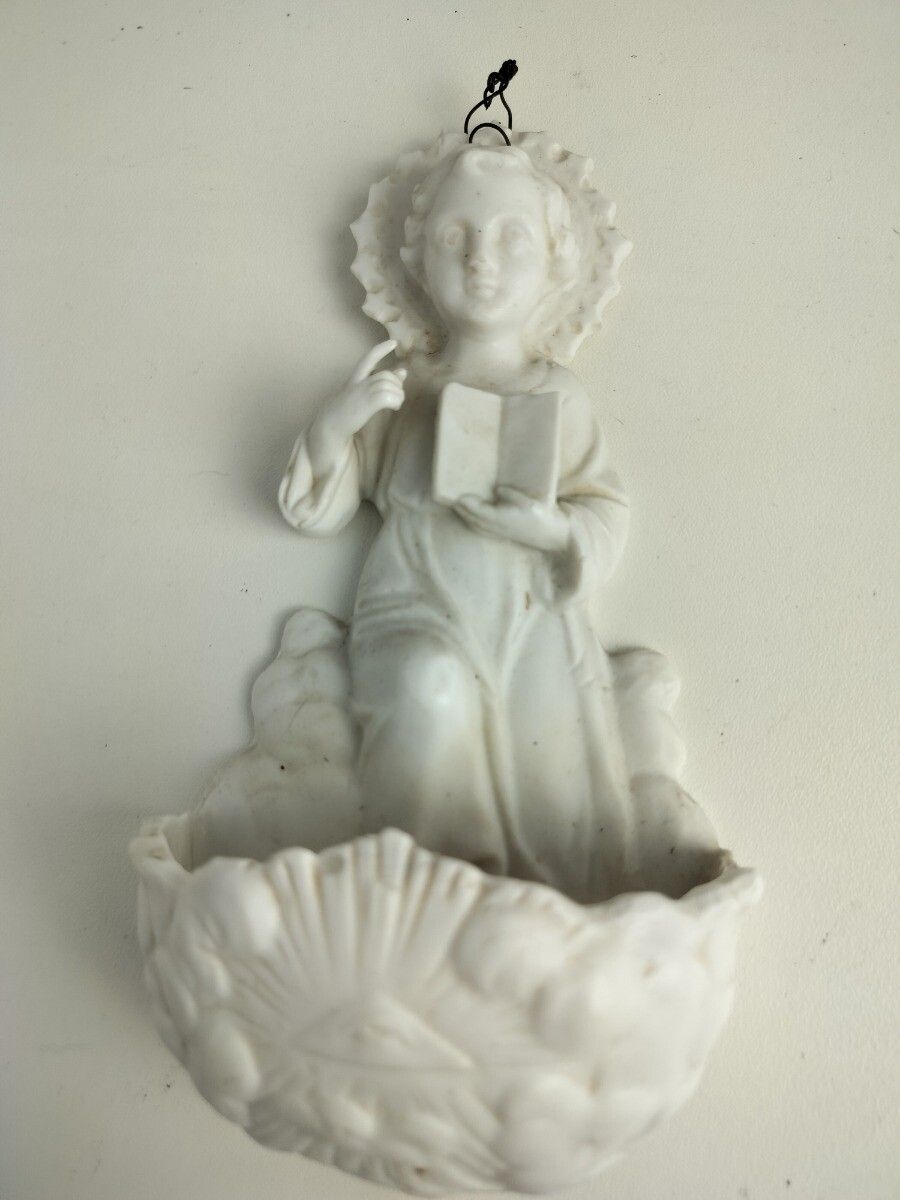 Antique Gorgeous Holy Water Font Bisque Porcelain Wall Hanging Vessel Jesus Chri photo for sale