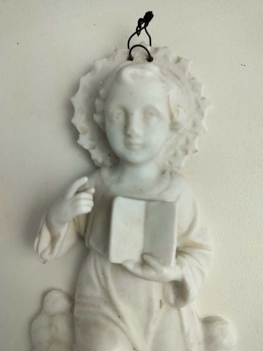 Antique Gorgeous Holy Water Font Bisque Porcelain Wall Hanging Vessel Jesus Chri photo Art